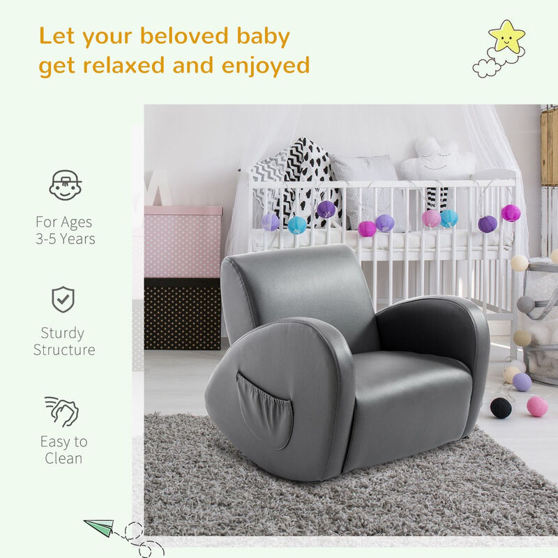 Comfy Kids' Rocker: Grey PU Leather Toddler Chair with Pocket