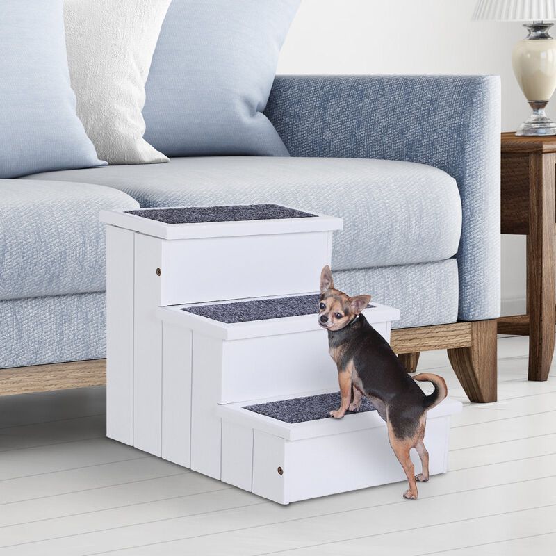 Pet-Friendly Ascent: 3-Step White Wooden Carpeted Stairs for Pets image number 1