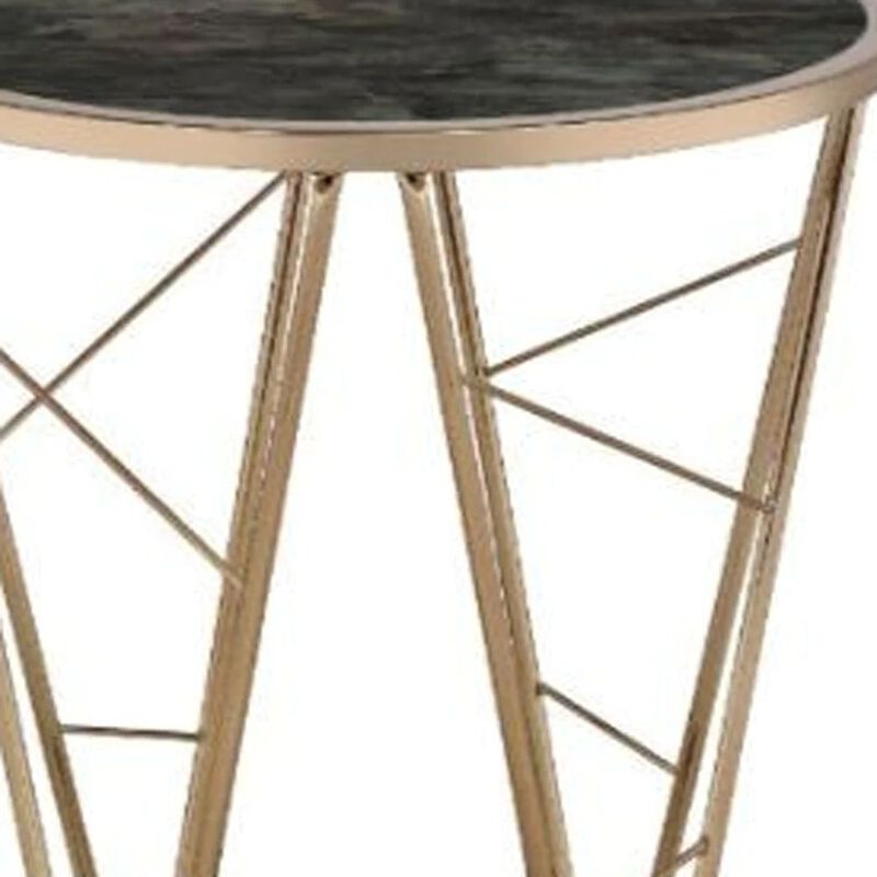 Homezia 24" Champagne And Black Faux Marble Glass And Metal Round End Table
