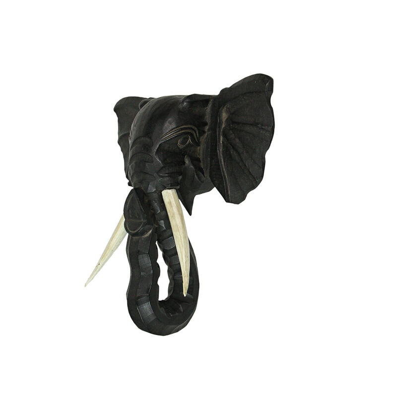 Hand Carved 12 Inch Black Elephant Head Wooden Wall Hanging Sculpture Safari Art image number 2