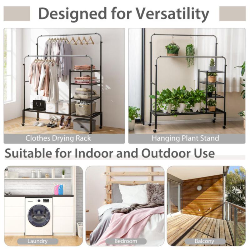 Hivvago Rolling Double Rods Garment Rack with Height Adjustable Hanging Bars