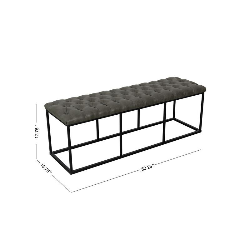 Ali Bench, Open Metal Frame, Gray Tufted Faux Leather 52 Inch - Benzara