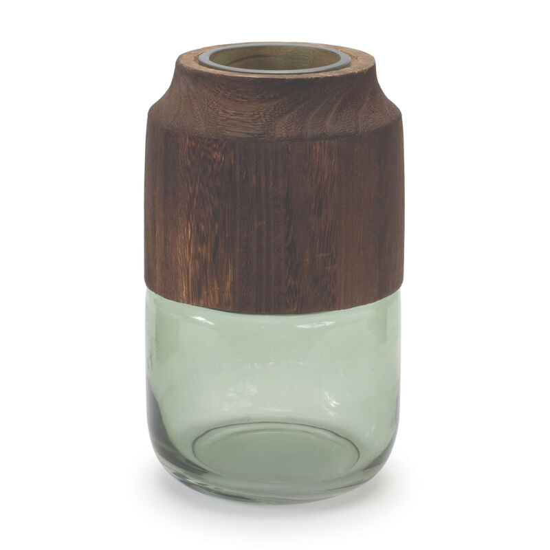HomeRoots 9" Brown And Sage Glass Cylindrical Table Vase With Wood image number 0