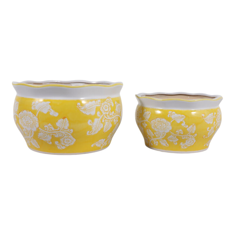 S/2 10/12" Chinoiserie Vines Planters,yellow image number 2