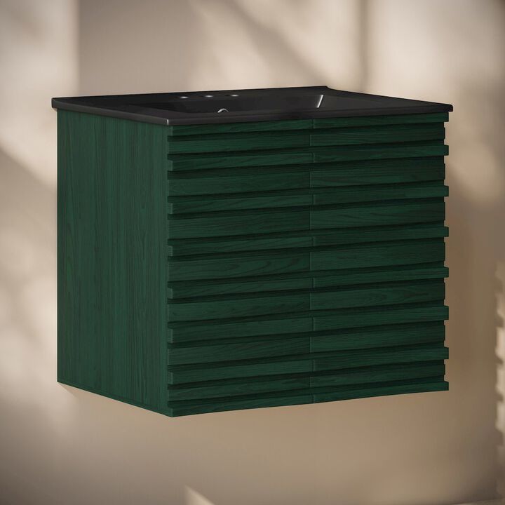 24" Wall-Mounted Bathroom Vanity in Green Oak, Black 3-Hole Centerset Sink Top