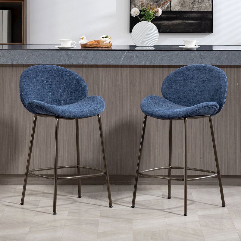 Glamour Home Set of 2 Benedetta Blue Linen Upholstered Fabric Counter Stool Black Iron Legs