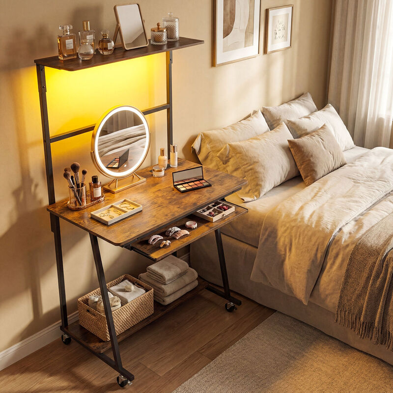 Small Rolling Computer Desk with LED Lights and Charging Station image number 6