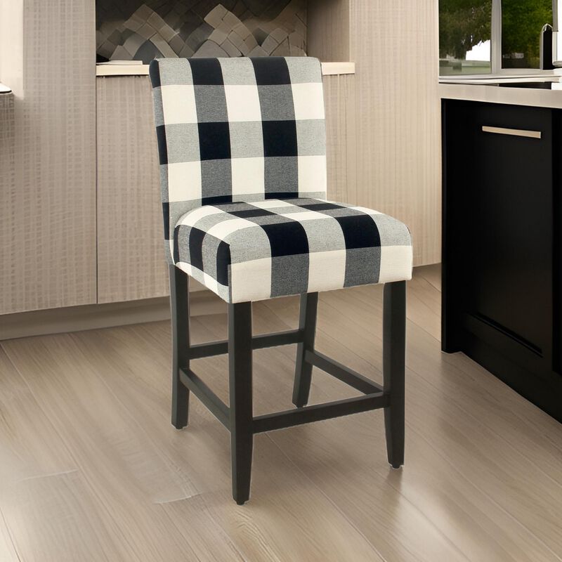 Wooden Counter Height Stool with Plaid Pattern Fabric Upholstery, Black and White image number 1