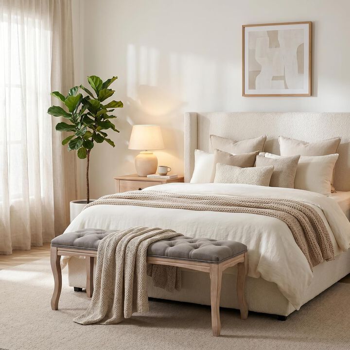 Envelor French Vintage Tufted Linen Upholstered Bench, 43.3 in.