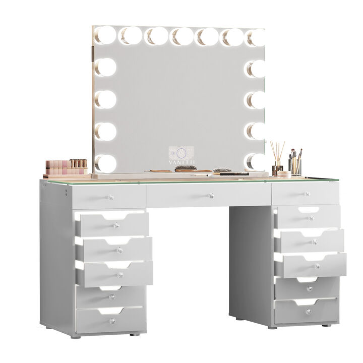 VANITII 13 Drawers Modern Makeup Vanity Desk Dressers with RGB Lights for Bedroom White Finish with 15 LED Bulbs Mirror