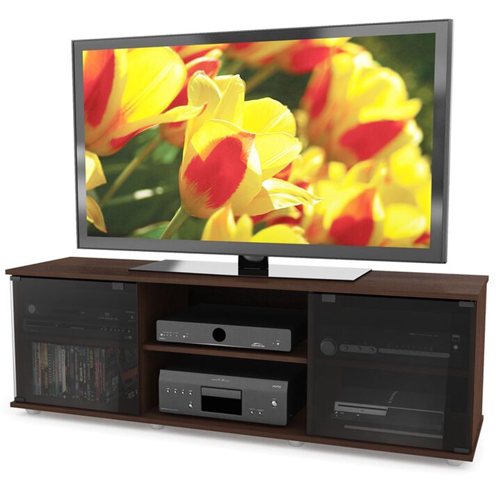 QuikFurn Contemporary Brown TV Stand with Glass Doors - Fits TV's up to 64-inch