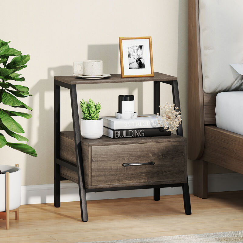 3-Tier Farmhouse Nightstand with Open Shelf for Bedroom Storage image number 1