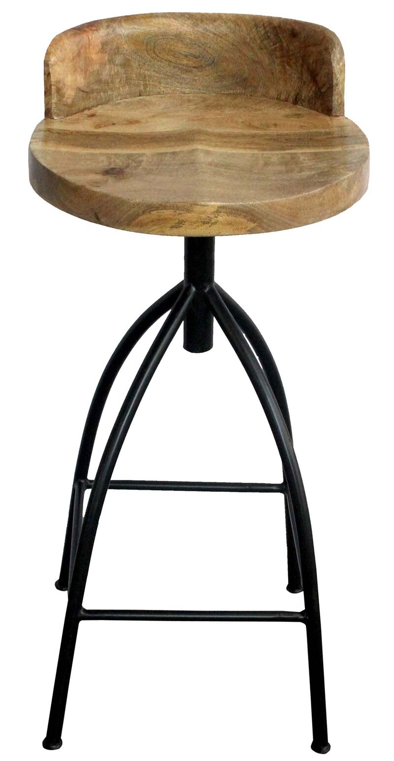 Pia 32-35 Extra Tall Adjustable Barstool, Natural Brown Mango Wood Seat, Black Iron Frame