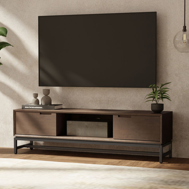 Banting SOLID HARDWOOD 72 inch Wide Modern Industrial TV Media Stand in Walnut Brown For TVs up to 80 inches