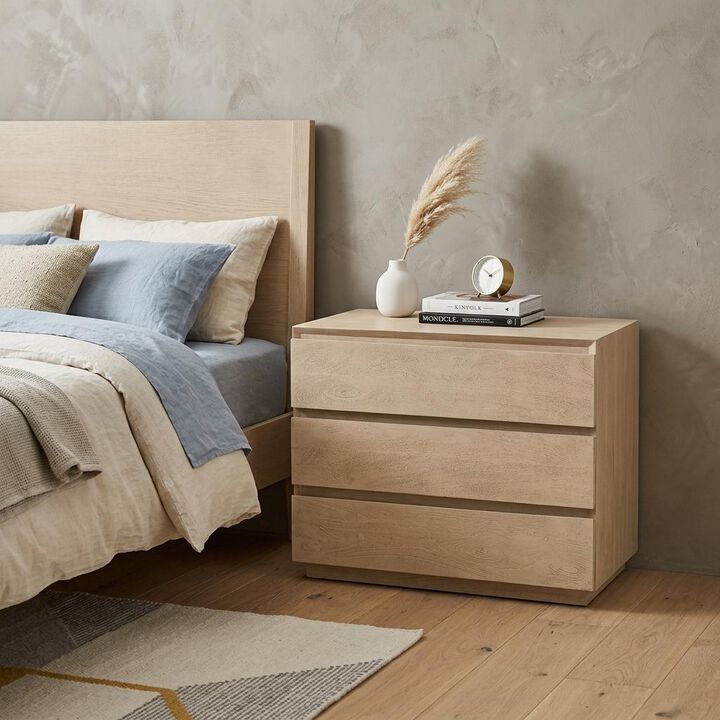 HomeRoots 24" Natural Solid Wood Ribbed Texture Three Drawer Nightstand