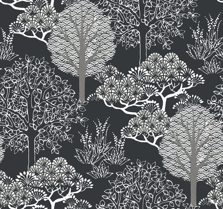 Kimono Trees Black Metallic Wallpaper