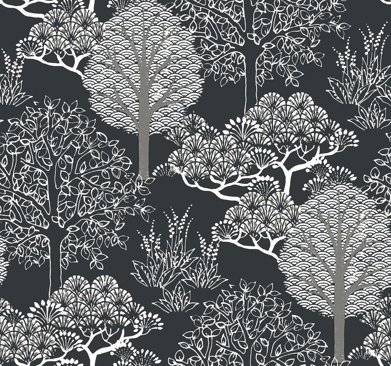 Kimono Trees Black Metallic Wallpaper image number 0