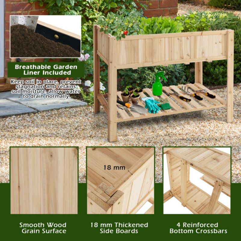 Hivvago 47 Inch Wooden Raised Garden Bed with Bottom Shelf and Bed Liner