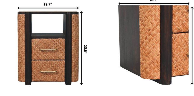 Artisan Furniture Solid Wood Rattan Curve Edge Nightstand,2-Drawers,1-Shelf