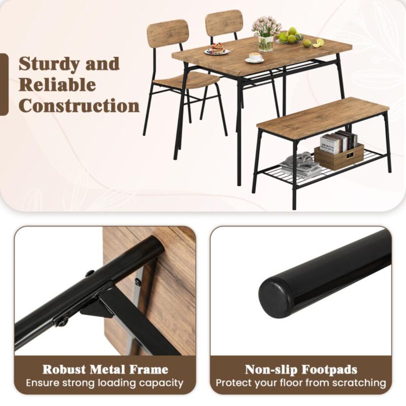 Hivvago 4 Piece Dining Table Set for 4 Metal Frame with Bench and 2 Chairs