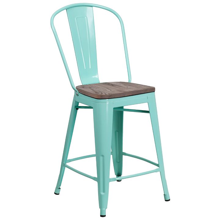 Flash Furniture Carly 24" High Mint Green Metal Counter Height Stool with Back and Wood Seat