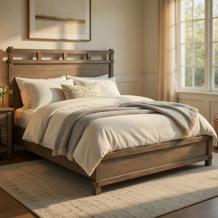 Cera Queen Size Bed, Panel Headboard with Top Rails, Antique Oak Brown