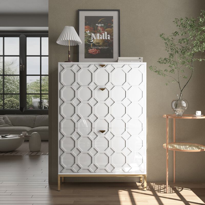 MONDAWE Modern 3-Drawer MDF Shoe Cabinet With Golden Handle (24-Pair)