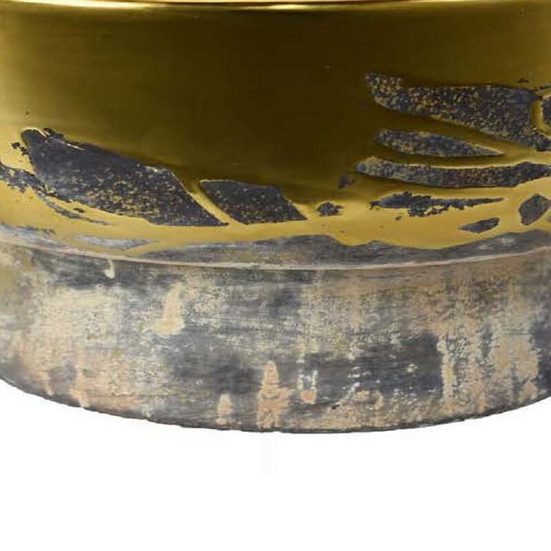 16 Inch Decorative Bowl, Distressed Gold Finish, Modern Aesthetic, Ceramic - Benzara