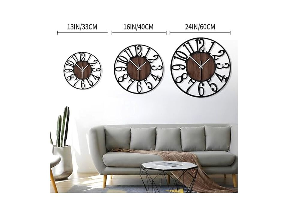 Rustic Wood Farmhouse Black Wall Clock 16 Inch Silent Non Ticking