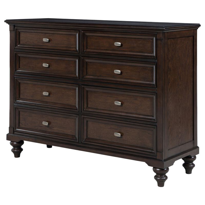 Meon Wide Dresser w 8 Drawers, Carved Bun Feet, Dark Oak Brown Wood - Benzara