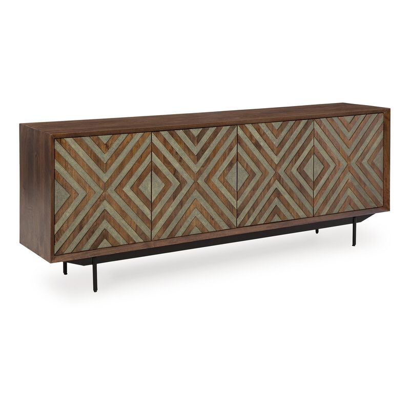 Sideboard Cabinet Console, 4 Carved Diamond Style Doors, Brown 76 Inch