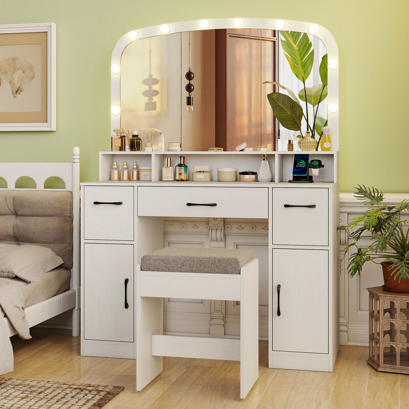 Makeup Vanity Table with Stool 3 Color Lighting and Charging Station image number 5