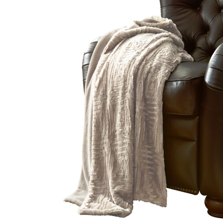 60 Inch Throw Blanket, Faux Fur, Fretted Design, Machine Washable, Cream-Benzara