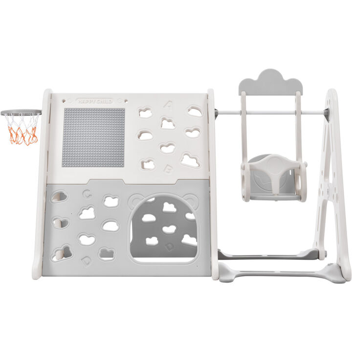 6-in-1 Toddler Climber and Swing Set Kids Playground Climber Swing Playset with Tunnel, Climber, Whiteboard, Toy Building Block Baseplates, Basketball Hoop Combination for Babies