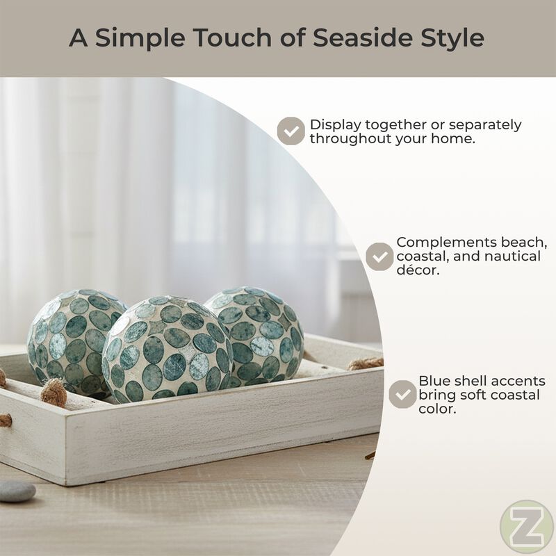 Sea Blue Capiz Shell 4 Inch Decorative Orbs Set Of 3 Coastal Balls image number 5