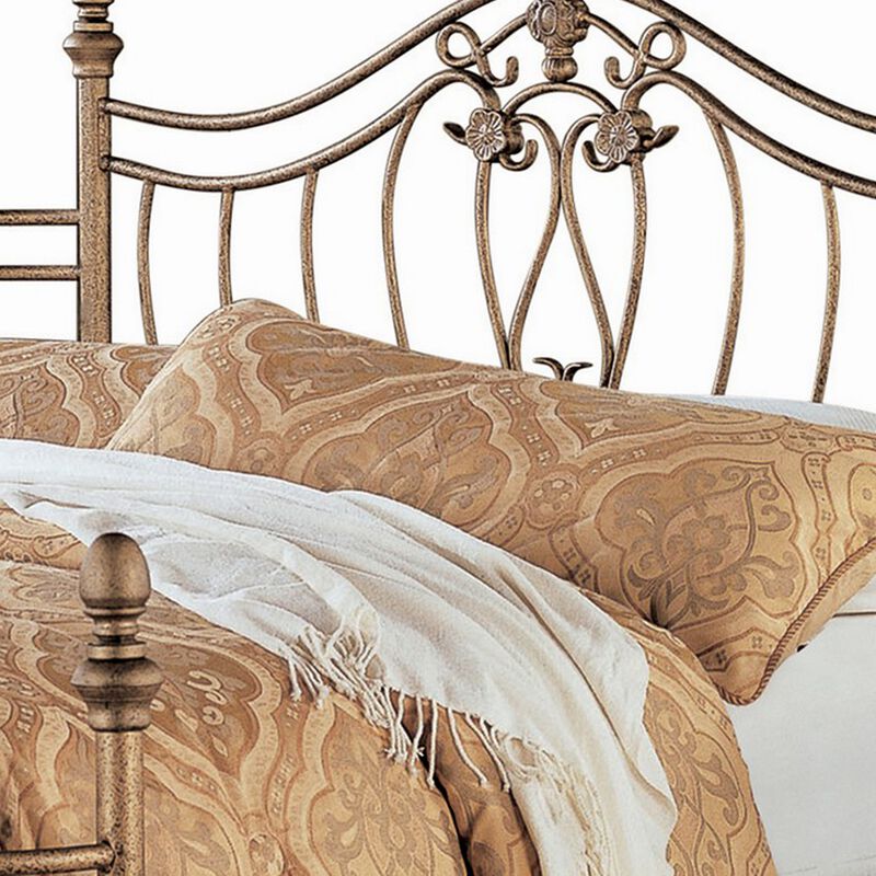 Kish King Metal Bed, Swirling Floral Motifs, Acorn Finials, Antique Gold - Benzara