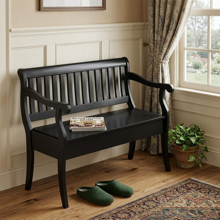 HomeRoots 42" Black Solid Wood Storage Bench With Flip Top