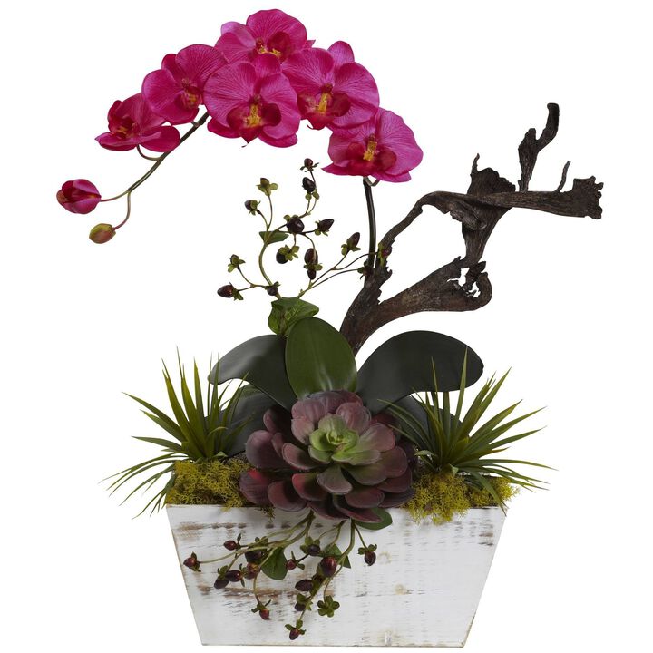 Nearly Natural 21-in Orchid & Succulent Garden with White Wash Planter-Beauty