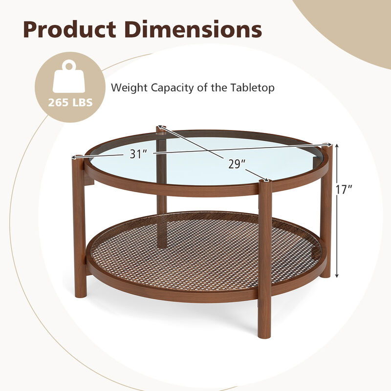 Elegant 2-Tier Round Coffee Table with Glass Surface and Open Storage