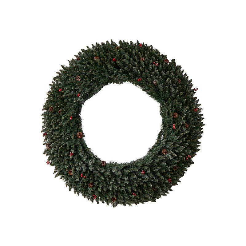Nearly Natural Large Flocked Artificial Christmas Wreath with Pinecones, Berries, Clear LED Lights and Bendable Branches image number 4