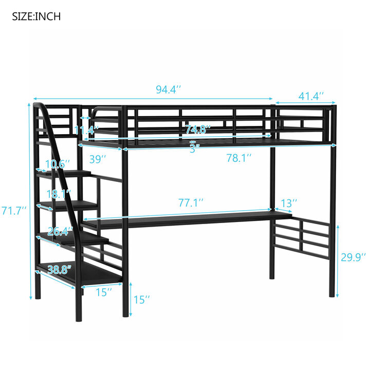 Metal Loft Bed Frame with Desk, No Box Spring Needed, Twin, Black