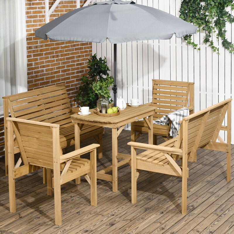 Outsunny 5 Piece Wooden Patio Dining Set for 6, Outdoor Conversation Set with 2 Armchairs, 2 Loveseats, and Dining Table with Umbrella Hole for Backyard, Garden, Light Brown