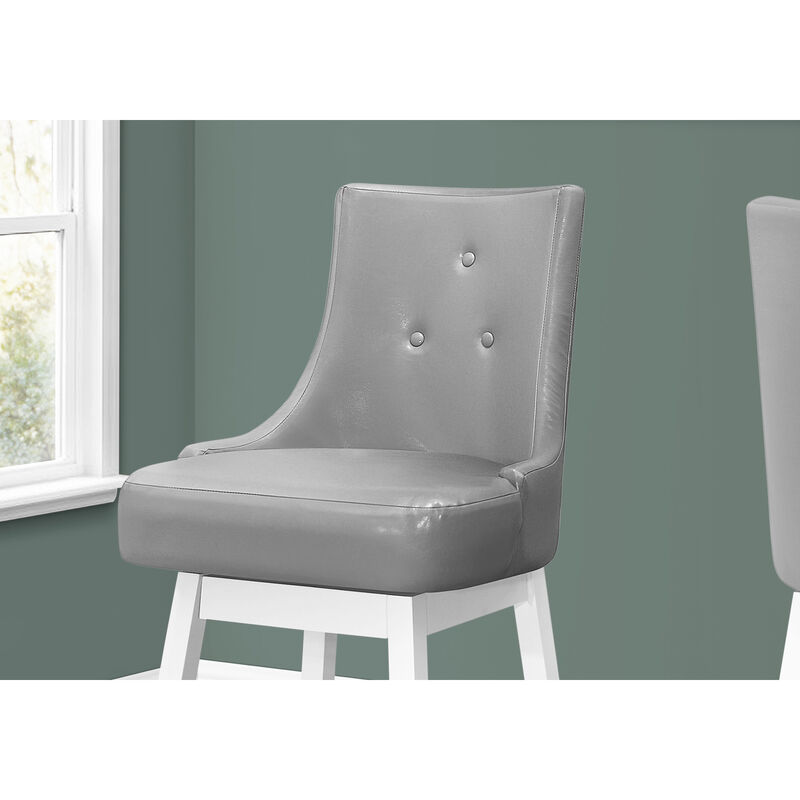 Monarch Specialties I 1243 Bar Stool, Set Of 2, Swivel, Bar Height, Wood, Pu Leather Look, Grey, White, Transitional