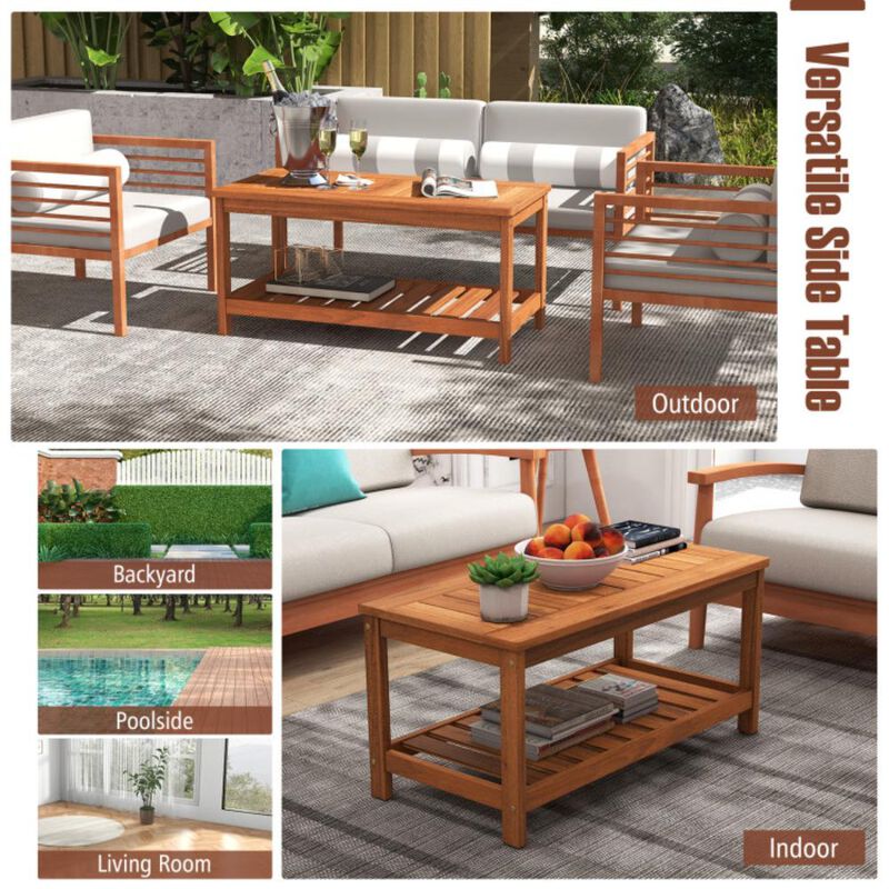 Hivvago 2-Tier Patio Coffee Table with Slatted Tabletop and Shelf