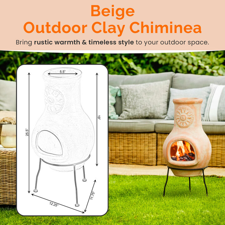 Beige Outdoor Clay Chimney Outdoor Fireplace Sun Design Charcoal Burning Fire Pit with Sturdy Metal Stand, Barbecue, Cocktail Party, Family Gathering, Cozy Nights Fire Pit