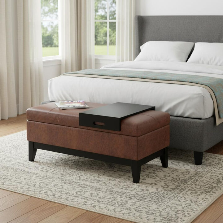 HomeRoots 42" Black and Dark Brown Tufted Faux Leather and Solid Wood Upholstered Storage Bench With Tray