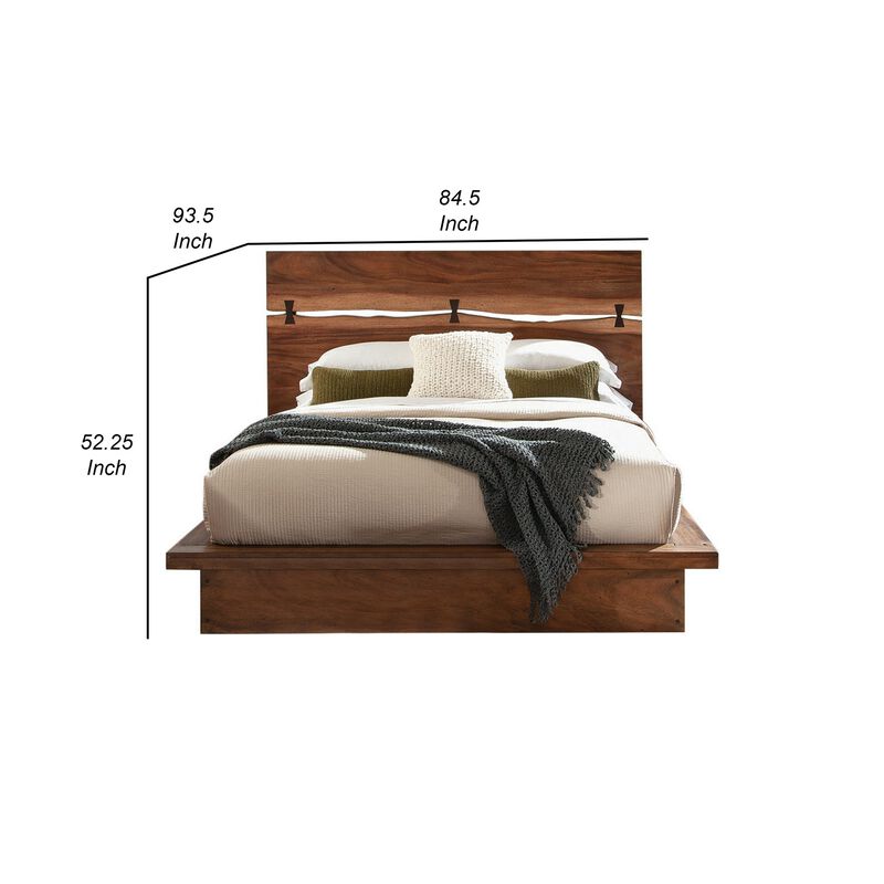 Zeko California King Platform Plinth Bed, Natural Edge, Walnut Brown Wood - Benzara