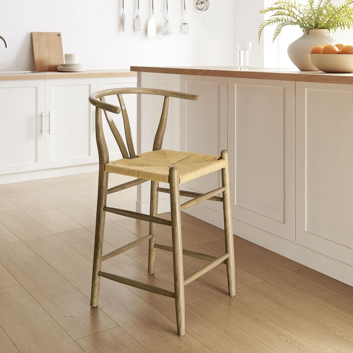 Modway Amish Wood Rope Counter Height Stool in Weathered Gray Teak - 25 Inch Seat Height Mid Century Modern Retro Stool - Solid Elm Wood Kitchen Island Stool with Woven Seat and Open Back