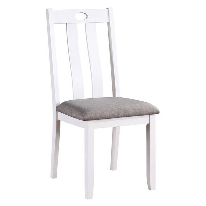 Helio 5 Piece Dining Table and Chairs Set, White Wood, Gray Fabric Seats - Benzara