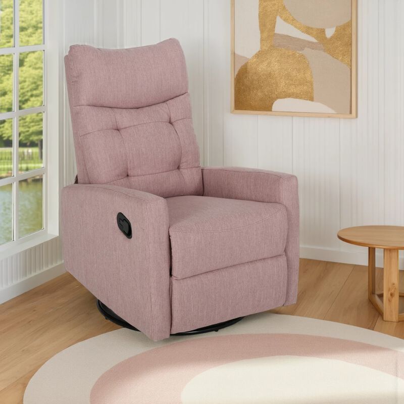 Push Back Glider Recliner Chair with Swivel, Blush Pink Tufted Fabric - Benzara